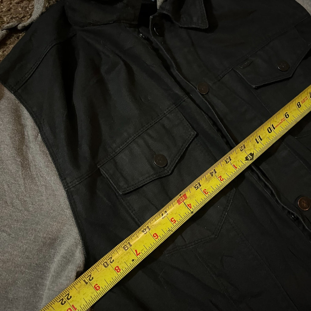 DRAVUS Hybrid Denim Trucker Jacket XL Denim Body w/ Fleece Sleeves & Hood