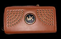 Michael Kors Jet Set Wallet Studded Brown Zip Around Continental Gold MK Log