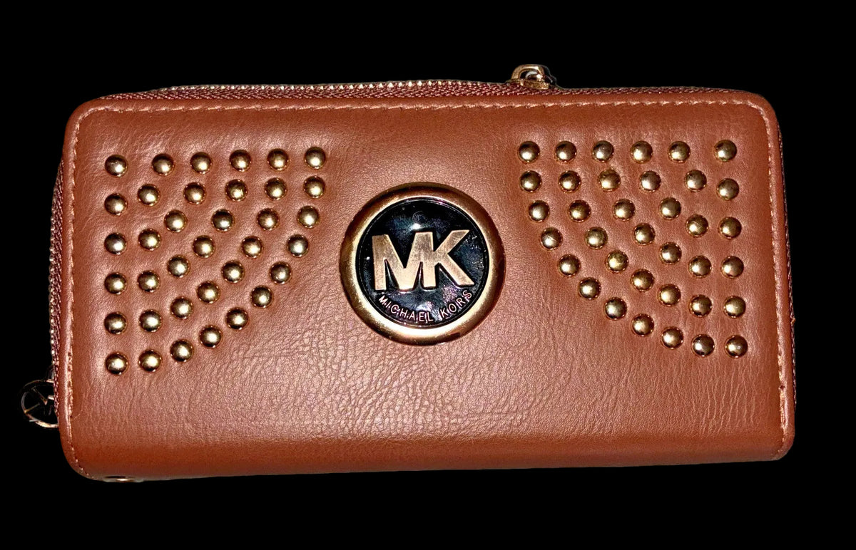Michael Kors Jet Set Wallet Studded Brown Zip Around Continental Gold MK Log