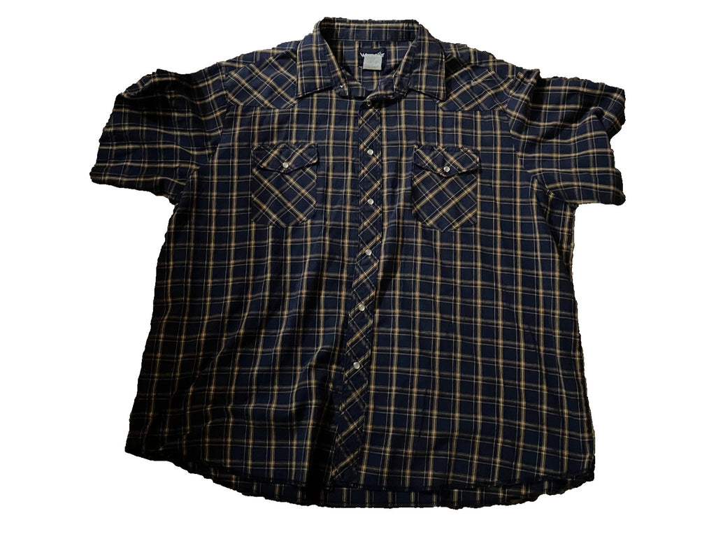 Wrangler Short-Sleeve Western Shirt 2XL – Blue/Black/Yellow Plaid Pearl Snap