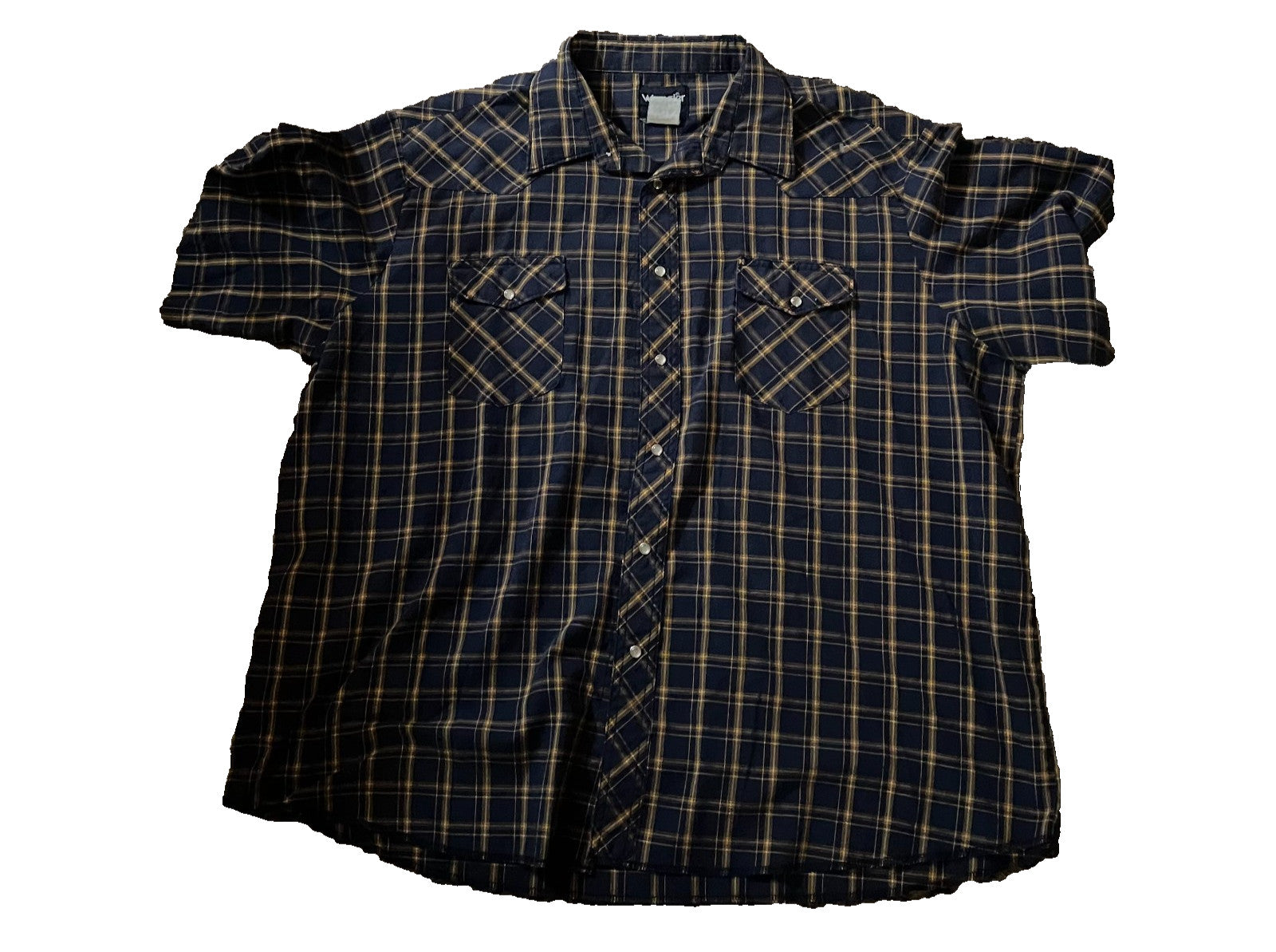 Wrangler Short-Sleeve Western Shirt 2XL – Blue/Black/Yellow Plaid Pearl Snap