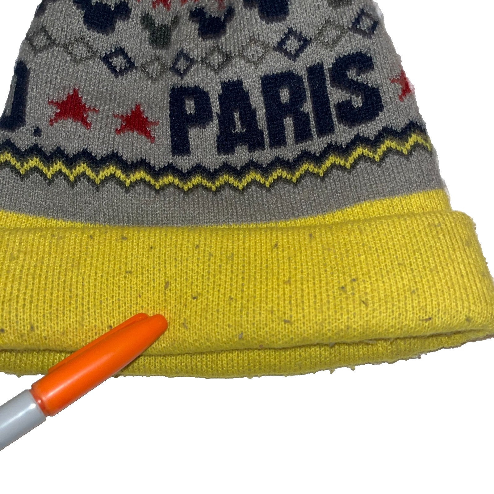 Disneyland Mickey Mouse Pom Beanie Gray Yellow Knit Winter Hat