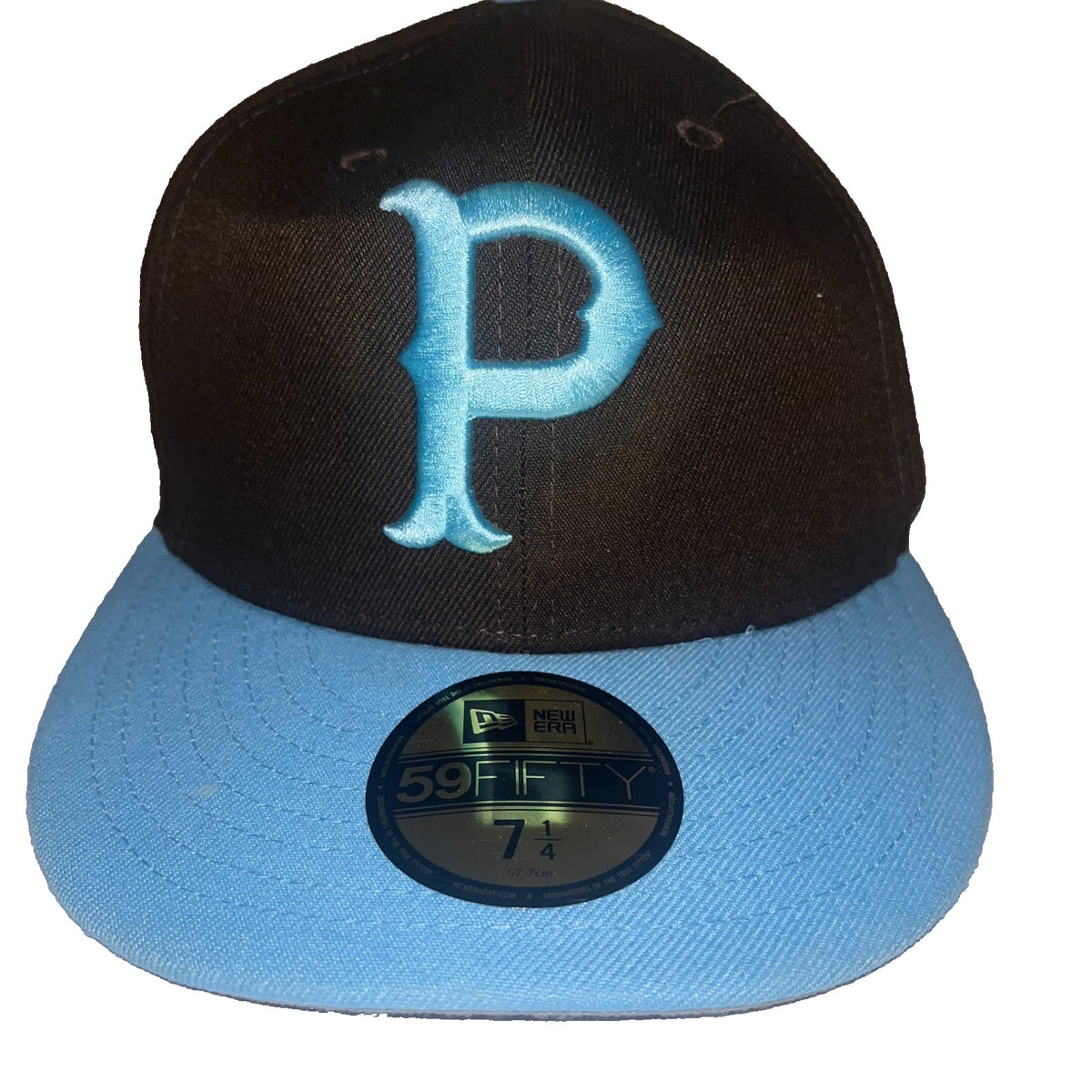 New Era 59FIFTY Pittsburgh Pirate Fitted Hat Black Crown & Light Blue Brim 7 1/4